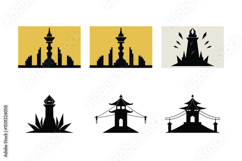Vector icons set of church silhouettes with cross and people, a symbolic design illustration