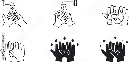 Hand washing icons set, Black vector and line icon, vector illustration