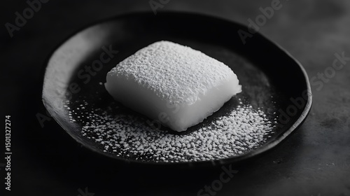 A Square White Dessert on a Black Plate