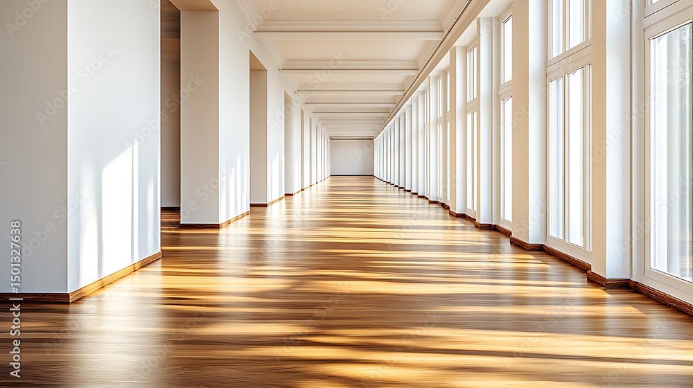 Fototapeta premium breathing space minimalism empty studio space clean white walls wooden floor bright natural daylight calm atmosphere