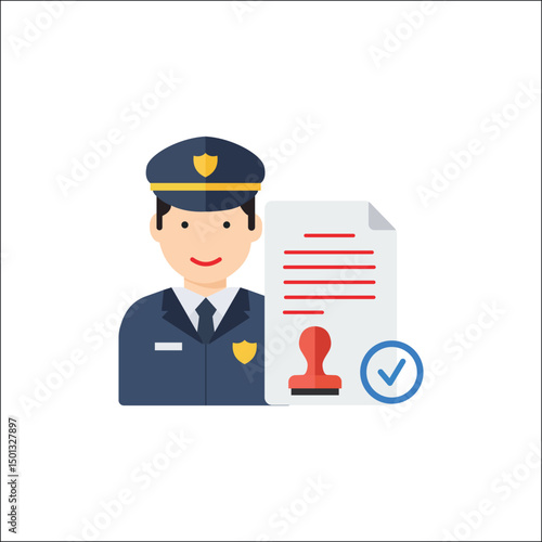 Flat vector illustration of a male police officer avatar holding an ID verification document with photo and checkmark symbol. Transparent background design for apps, websites, and security themes.