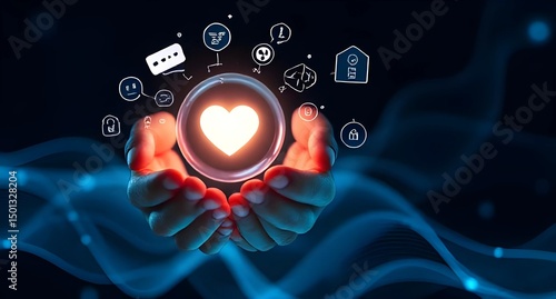 A pair of hands gently cradles a glowing orb displaying a heart symbol amidst various digital icons, symbolizing love, connection, and technology in a dark, fluid background.