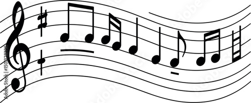 Music notes wave, musical notes on transparent background, Music notes decorative background, vector illustration