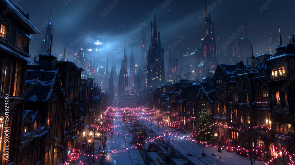 Obraz premium Winter snow village with suburb house landscape background. Night holiday scenery design with city skyscraper silhouette and neighborhood view. Christmas eve with cottage and garland on street cartoon