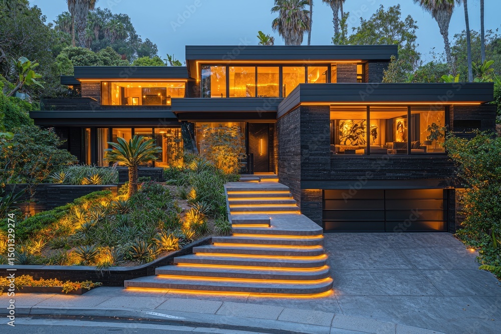 Obraz premium Modern house exterior with illuminated steps at twilight.