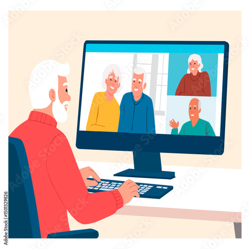 Vector illustration of an elderly man video calling his family from his home computer. A concept of communication, technology, and connection.Background.