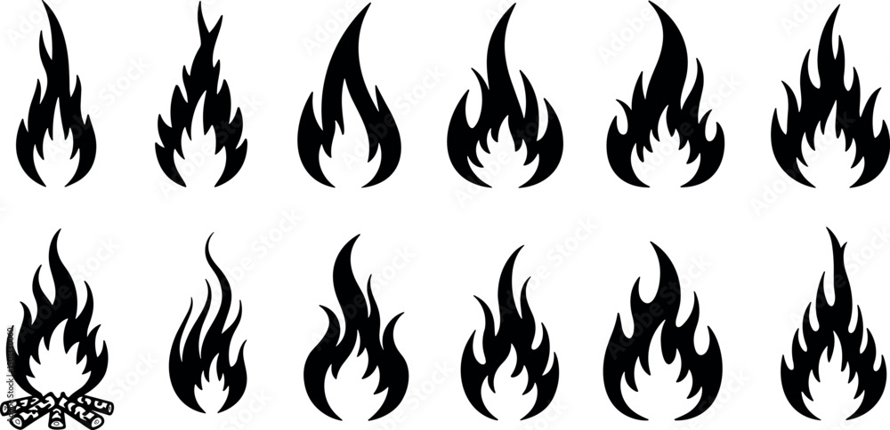 Naklejka premium fire flat line icons, flames, flame of various shapes, bonfire vector illustration,