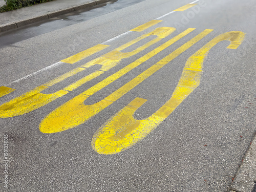 Wallpaper Mural Yellow road bus markings on wet asphalt in urban setting with sidewalk Torontodigital.ca