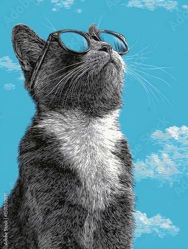 cool cat with sunglasses for fun pet-themed design and creative branding projects A stylish cat wearing sunglasses against a vibrant blue sky, exuding confidence and charm.