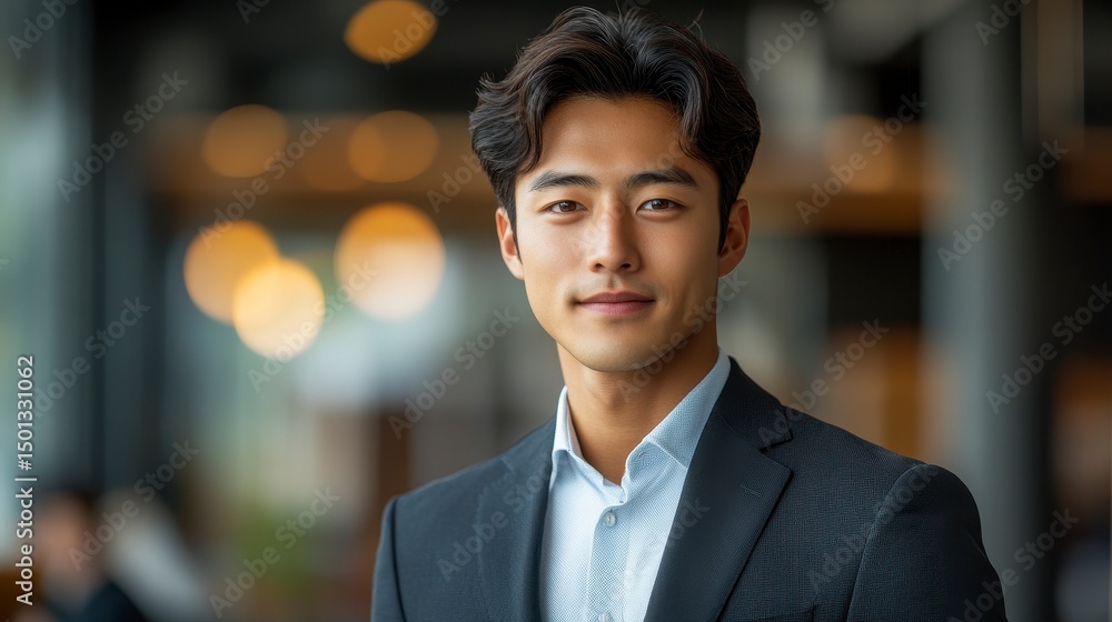 Man in suit poses indoors, with blurred background Man in suit poses indoors, with blurred background