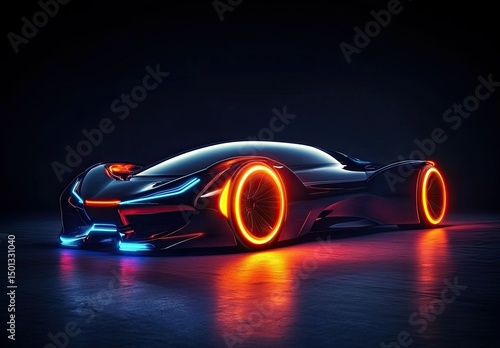 A futuristic concept car with glowing neon lights