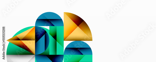 Abstract geometric shapes overlap, creating vibrant composition. Teal, orange, blue hues dominate minimalist design. Clean lines define forms.