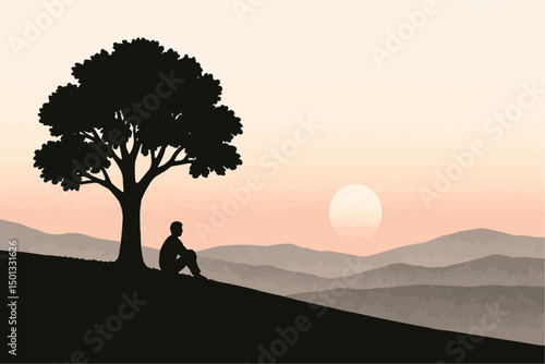 silhouette of a man sitting on a tree
