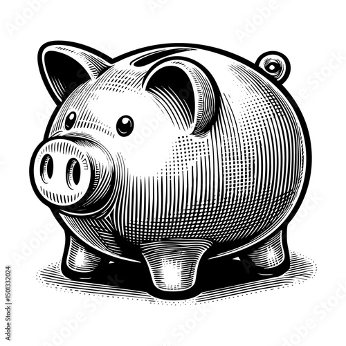 piggy bank sketch engraving black and white outline. Scratch board imitation.