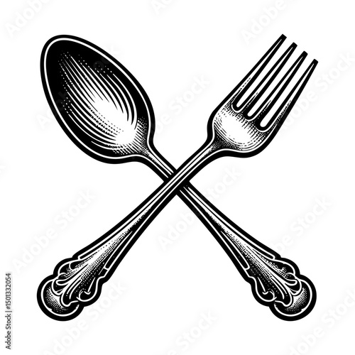 Fork and spoon engraving black and white outline. Scratch board imitation.  illustrated in vintage line art style on a white background.