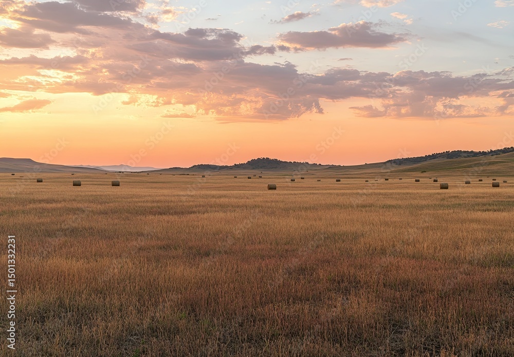 Obraz premium A photograph of an expansive field at sunset, with golden-brown grass and distant bales of hay, under the warm glow of orange clouds in the sky