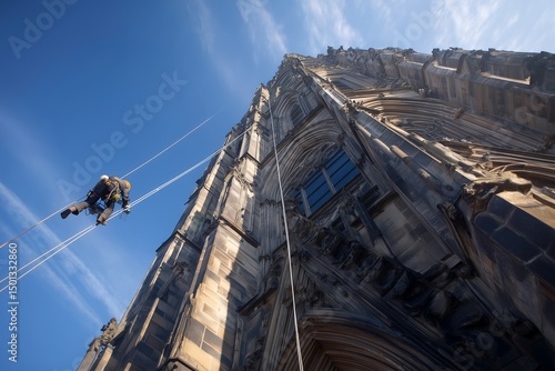 Urban Steeplejack Inspecting Cathedral Spire With Ropes And Drone Equipment, Strong Vertical Lines, Blue Sky, Architectural Inspection, Historic Building Maintenance, Aerial Drone, Rope Access Work