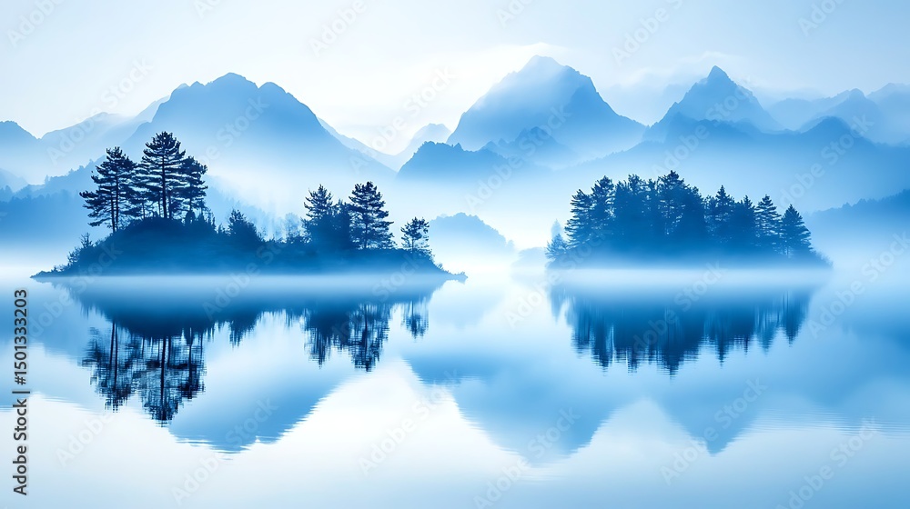 Fototapeta peaceful breathing space at dawn reflecting mountains and pine trees glassy water gentle fog calm and quiet serenity