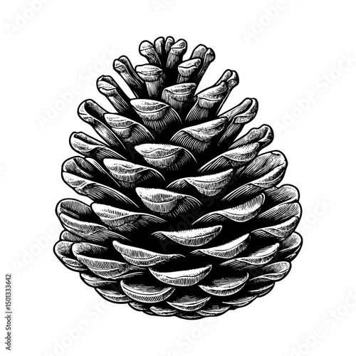 Pinecone engraving black and white outline. Scratch board imitation. illustrated in vintage line art style on a white background.