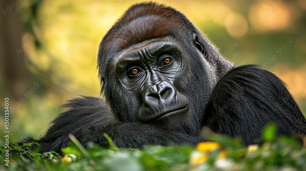 Obraz premium Powerful gorilla resting in a lush green environment during a sunny afternoon, showcasing serene expression and striking features in its natural habitat