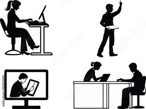 Online Education Silhouette Illustration for Learning Platforms. E-learning Silhouette Design for Digital Education. Remote Learning Silhouettes for Online Courses