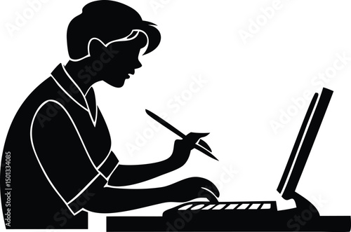 Online Education Silhouette Illustration for Learning Platforms. E-learning Silhouette Design for Digital Education. Remote Learning Silhouettes for Online Courses