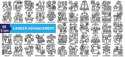 "Career Advancement" icon collection set. Skill Growth, Resume, Job Search, Career Path, Promotion Goal icon. Simple line vector.