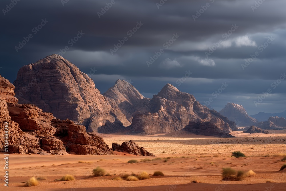 Naklejka premium Red Rock Formations Across Wadi Rum Desert, Jordan, Under Dramatic Afternoon Storm Clouds, Desert Landscape, Natural Geological Formations, Travel Destination, Middle East Scenery, Stormy Sky
