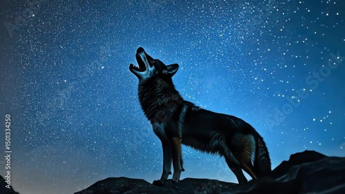 Wallpaper Mural Majestic Wolf Howling at the Starry Night Sky on a Rocky Outcrop, Wildlife Animal Portrait, Dark Blue Night, Fantasy Concept Torontodigital.ca