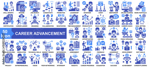 "Career Advancement" icon collection set. Skill Growth, Resume, Job Search, Career Path, Promotion Goal icon. Simple Glyph Color vector.