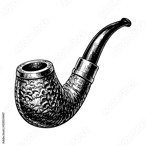Pipe for smoking engraving black and white outline. Scratch board imitation.