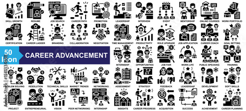 "Career Advancement" icon collection set. Skill Growth, Resume, Job Search, Career Path, Promotion Goal icon. Simple Glyph vector.