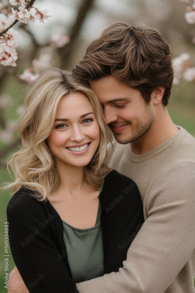Obraz premium Couple enjoying a romantic moment under blooming cherry blossom trees in a park during springtime