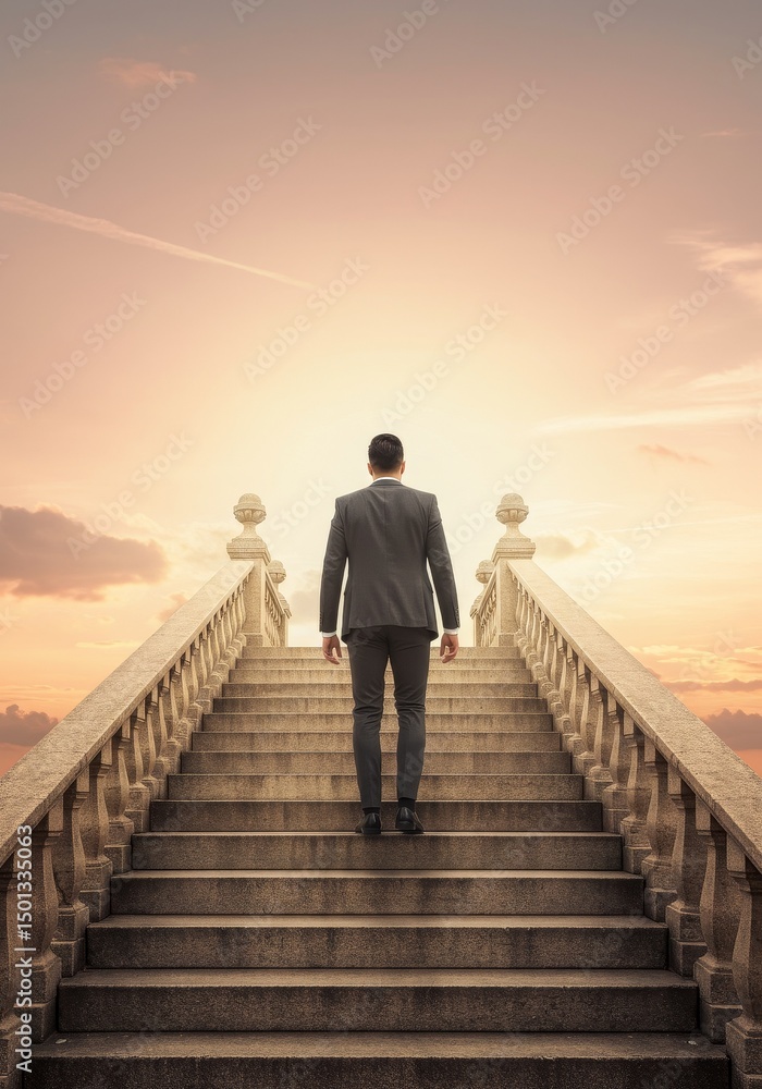Photo of Businessman Ascending Stone Stairs Towards Sunset Success Photo of Businessman Ascending Stone Stairs Towards Sunset Success