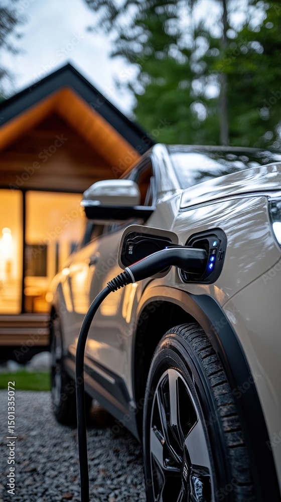 Fototapeta premium Electric vehicle charging at a modern house surrounded by trees during twilight, showcasing sustainability and modern living