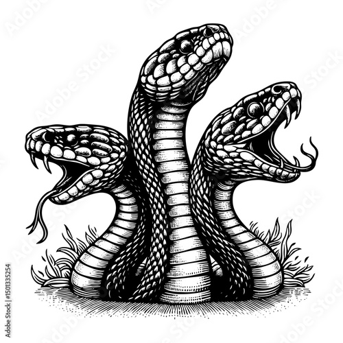 Three head snake sketch engraving sketch engraving black and white outline. Scratch board imitation.  illustrated in vintage line art style on a white background.