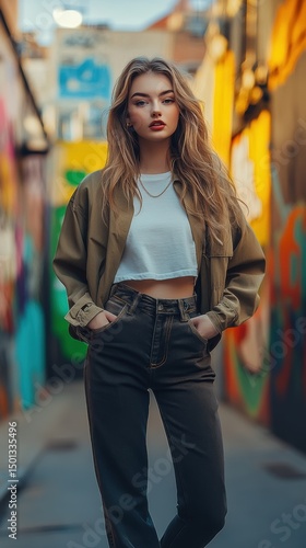Wallpaper Mural Young woman poses confidently in an urban alley surrounded by colorful street art on a sunny day Torontodigital.ca