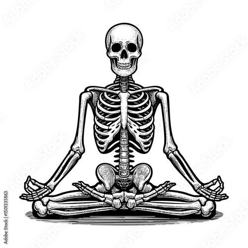 Skeleton yoga doing lotus pose engraving black and white outline. Scratch board imitation. illustrated in vintage line art style on a white background.