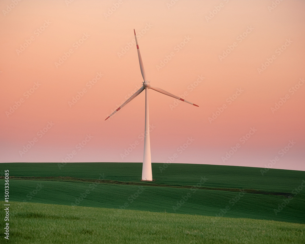 Obraz premium Wind turbine farm in a green field generating renewable energy under a clear blue sky