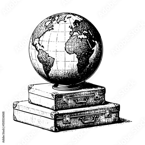 Earth globe on suitcase sketch engraving black and white outline. Scratch board imitation.