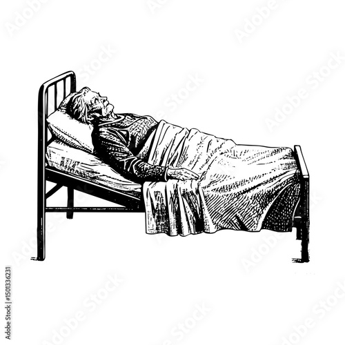 Grandmother lying on hospital bed sketch engraving black and white outline. Scratch board imitation.