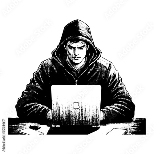 Hacker sketch engraving black and white outline. Scratch board imitation.