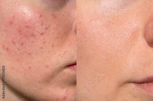 Two-panel close-up showing dramatic facial skin transformation after acne treatment. Clearer, smoother, and healthier texture is visible.