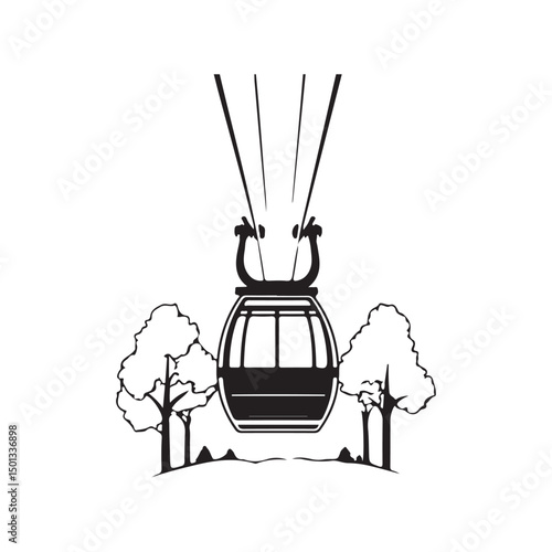 Vector illustration of a cable car (gondola lift) moving along the cable, symbolizing mountain transport, tourism, and adventure isolated on white background.