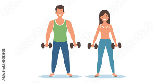 Animated Couple Exercising with Dumbbells Smiling and Ready to Workout