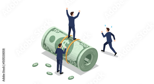 Businessmen Celebrate Success atop a Giant Roll of Money One Runs