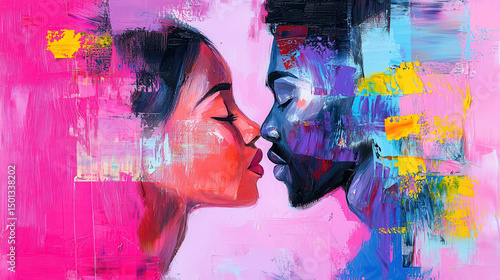 Intimate portrait of couple sharing kiss vibrant colors emotional expression abstract art love connection modern style romantic