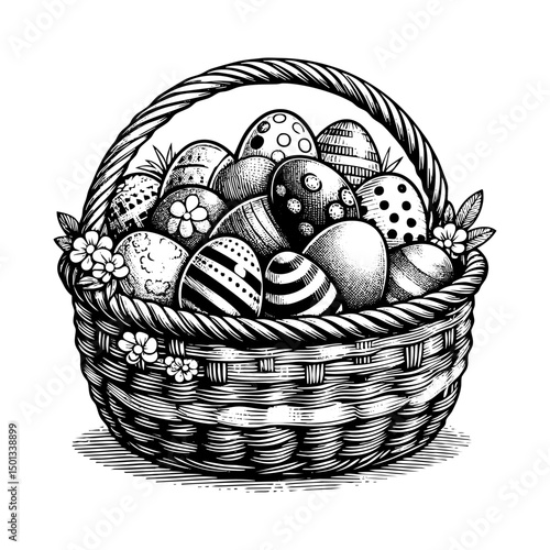 Easter egg on wooden basket sketch engraving black and white outline. Scratch board imitation.  illustrated in vintage line art style on a white background.