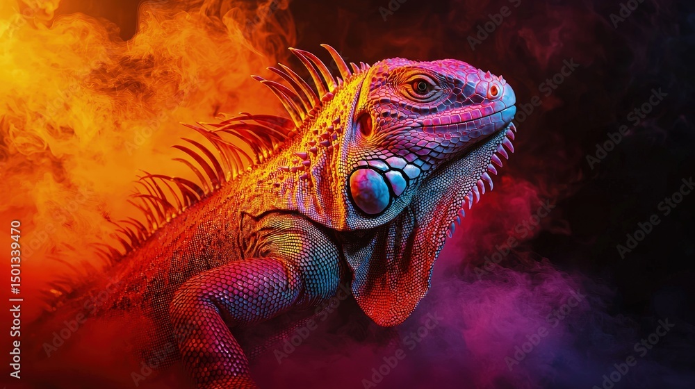 Vibrant lizard portrait in dramatic smoke and light. Vibrant lizard portrait in dramatic smoke and light.