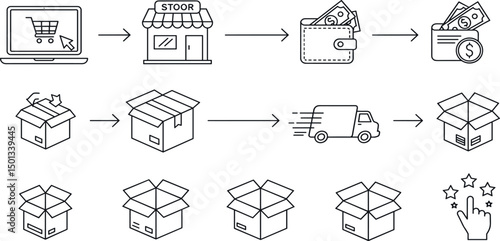 click and collect order, icon, delivery truck, delivery services steps, receive order in pick up point, e-commerce business concept, vector illustration